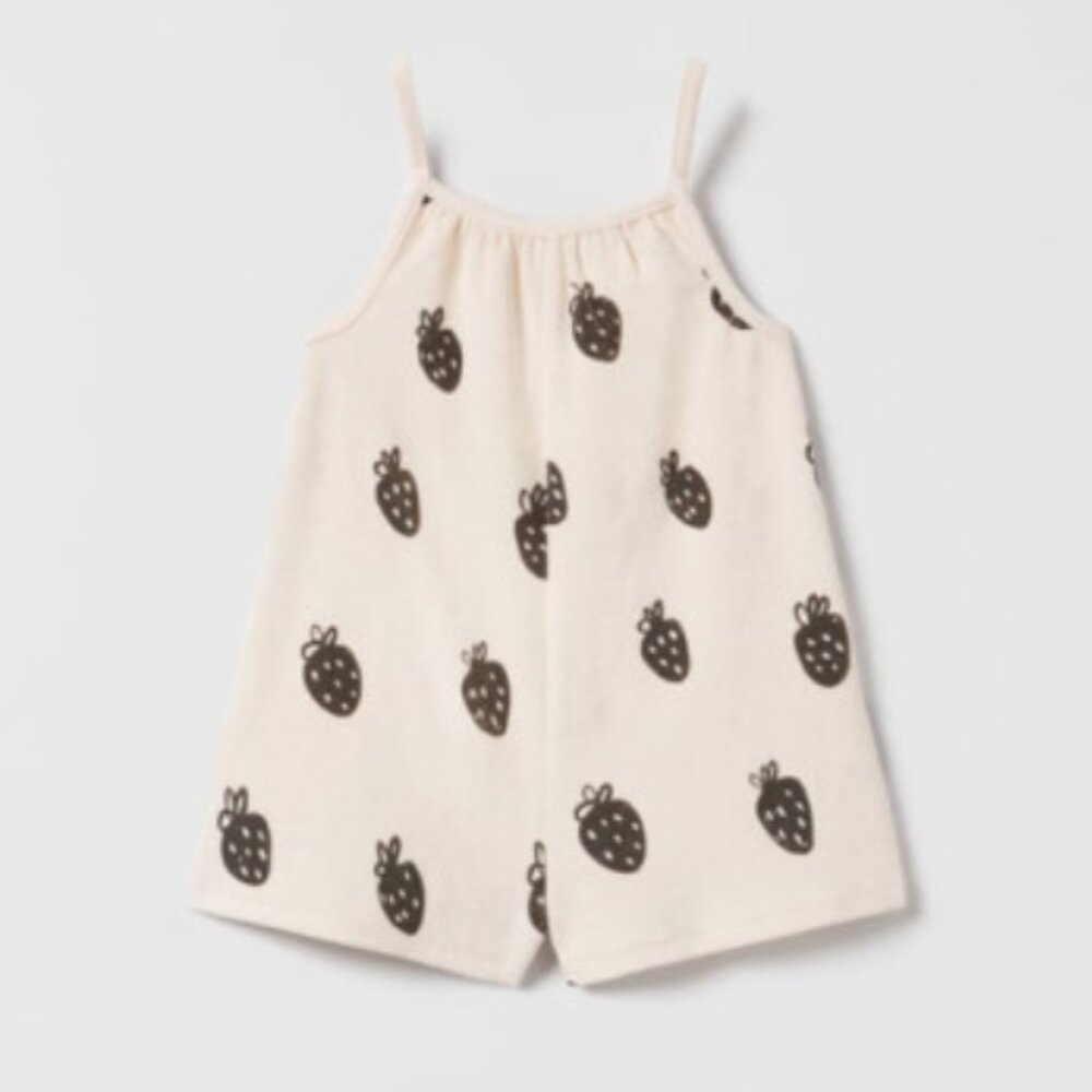 Zara Kids Beige Terry Cloth Baby Romper Black Strawberry Print Size 18-24M
